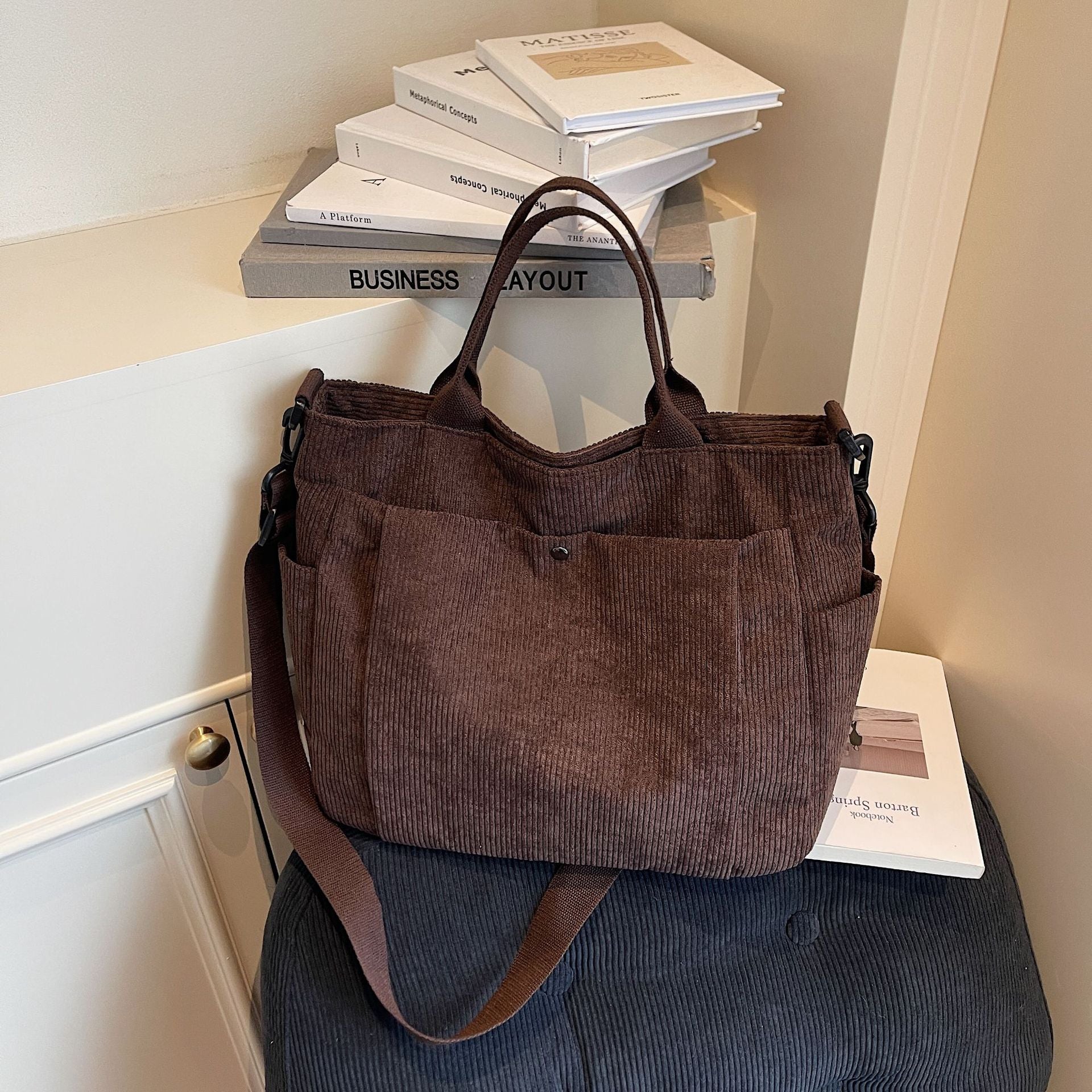 Corduroy Multi-Pocket Convertible Shoulder Tote Bag