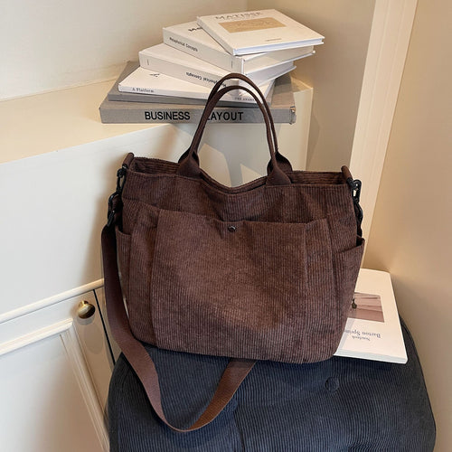 Corduroy Multi-Pocket Convertible Shoulder Tote Bag