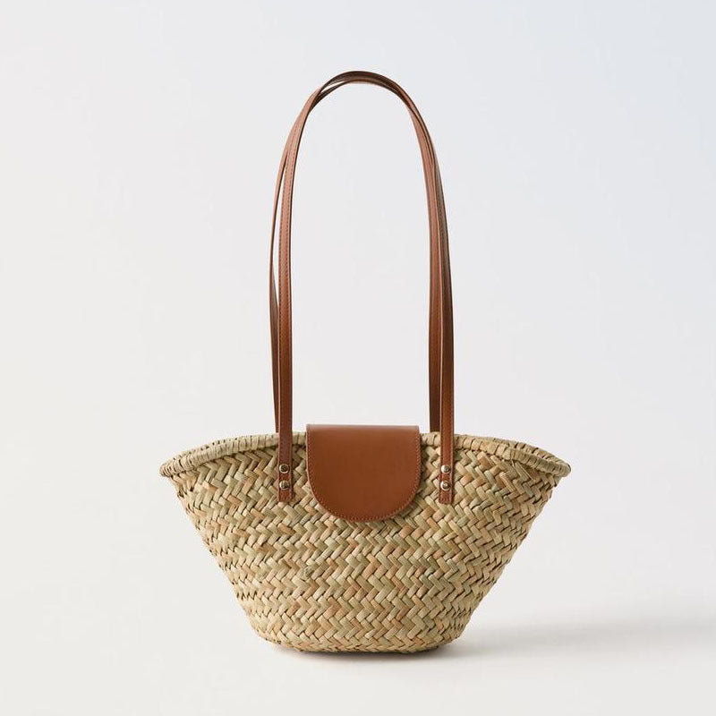 Factory Direct Sales Natural Grass Single Shoulder Straw Bag New Pu Splicing Woven Bag Vacation Beach Bag Versatile Rattan Bag