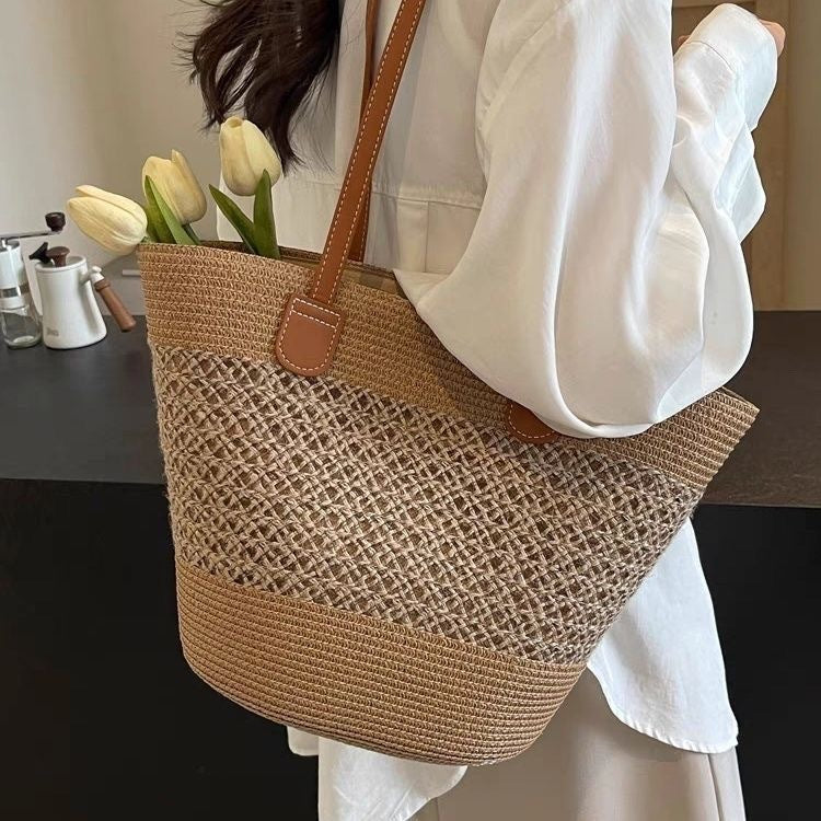 Women Straw Beach Black Stripe 2026 New Casual Summer Shoulder Tote Bag