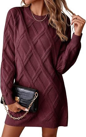 2026 European and American-Style Diamond-Pattern Knit Dress for Women—New Fall/Winter Collection: Loose-Fitting Long-Sleeve Sweater Dress, Fashionable Short Dress
