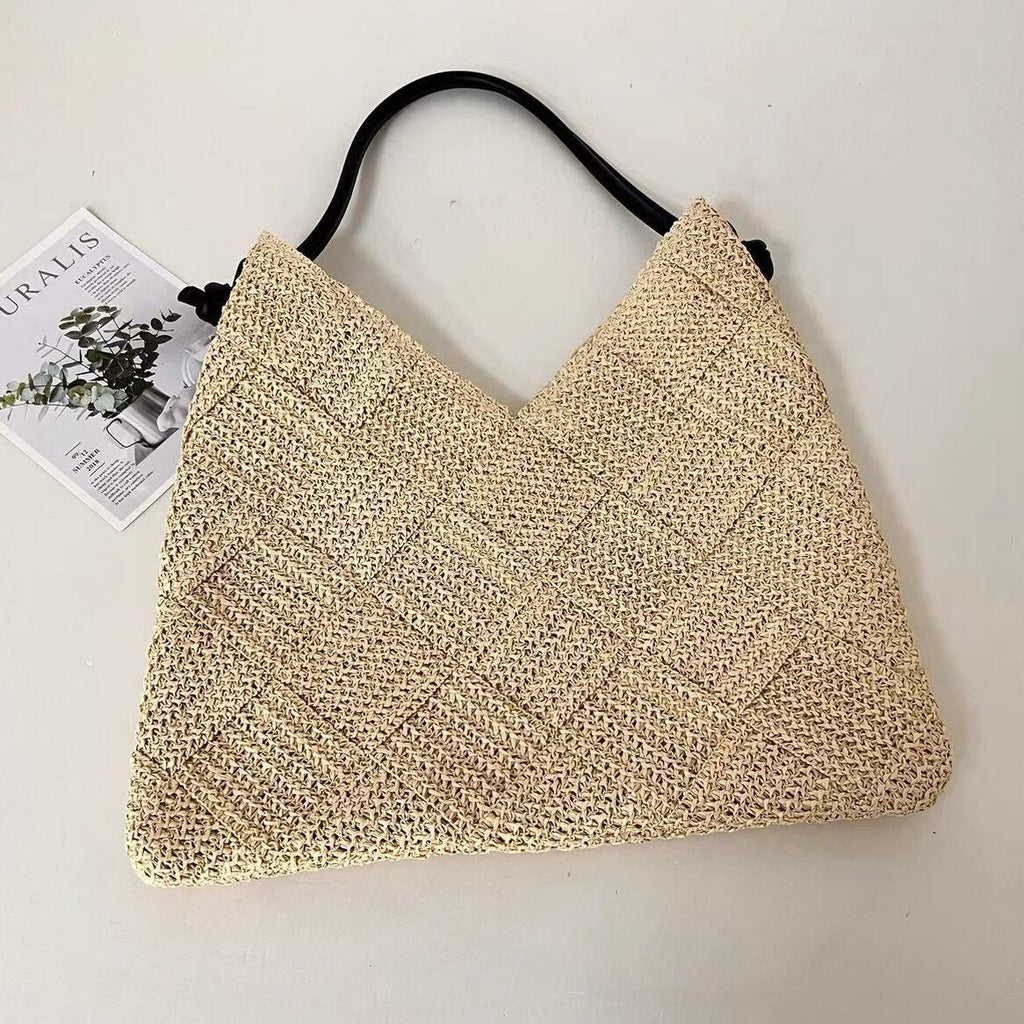 Women Casual Hollow Cotton Woven Shoulder Bag, Portable Straw Beach Vacation Bag