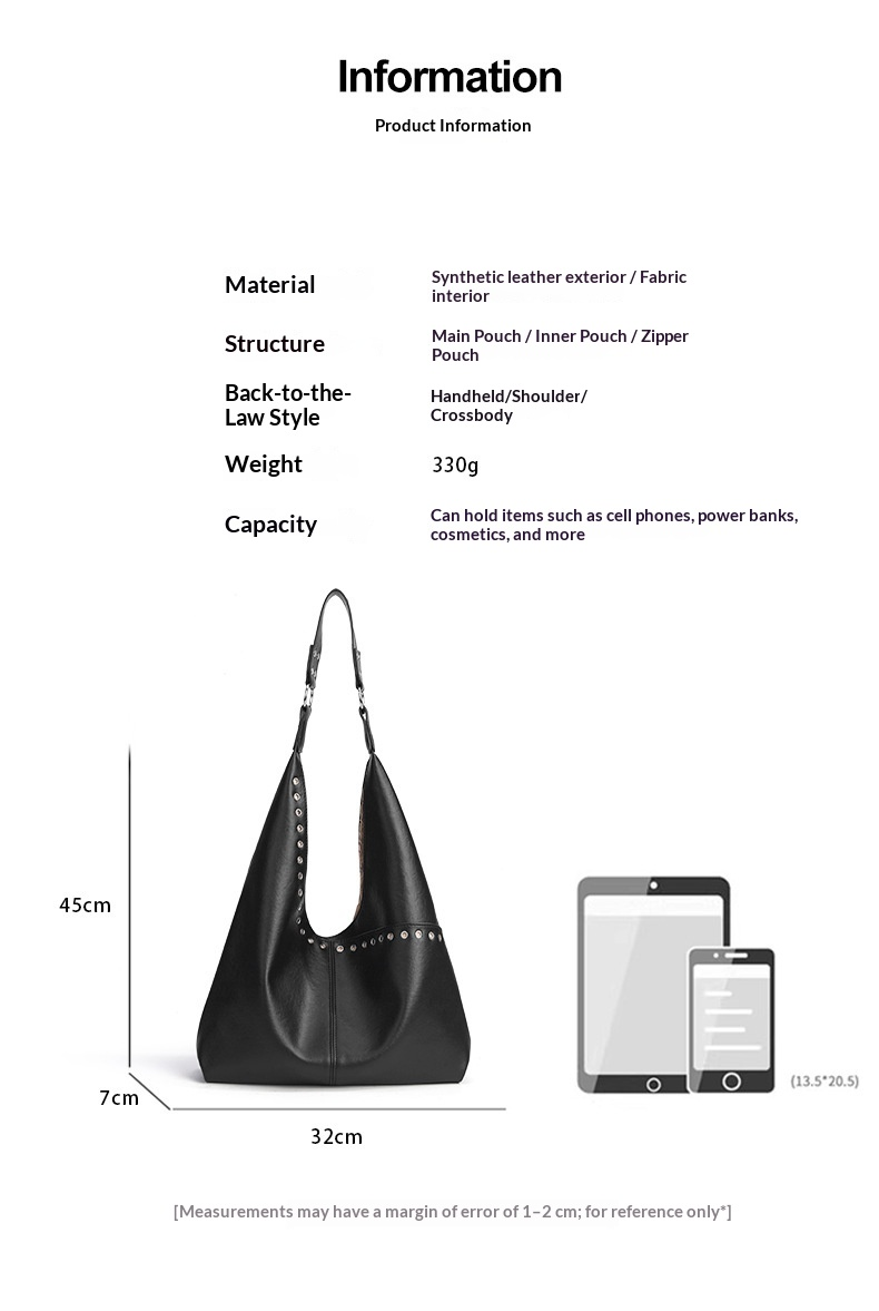 Studded Slouchy Hobo Everyday Tote Shoulder Bag