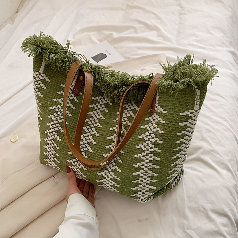 Women Large Canvas Tote 2026 New Tassel Cotton Linen Woven Minimalist Shoulder Bag