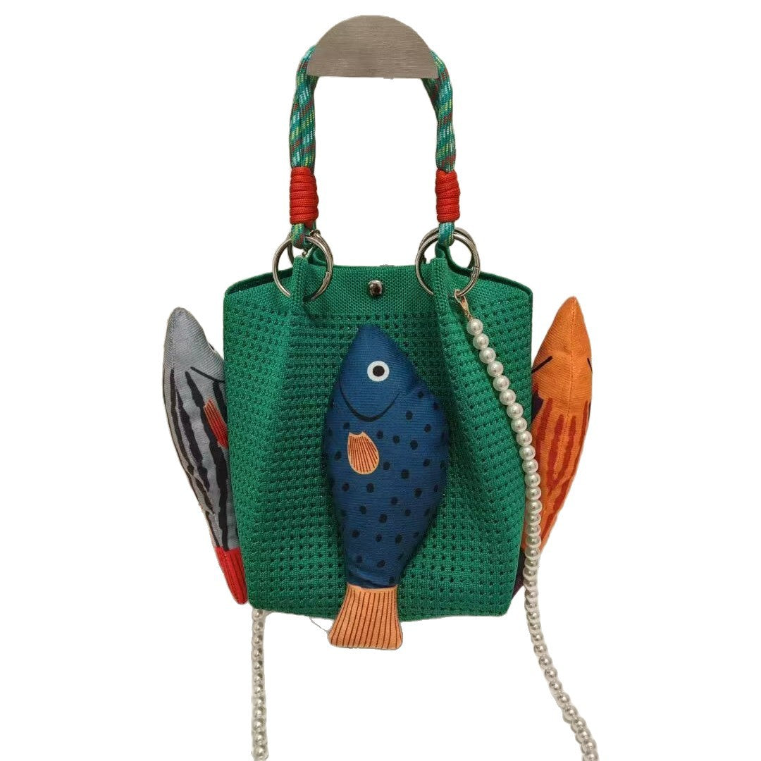 Crochet Fish Applique Pearl Strap Tote Bag