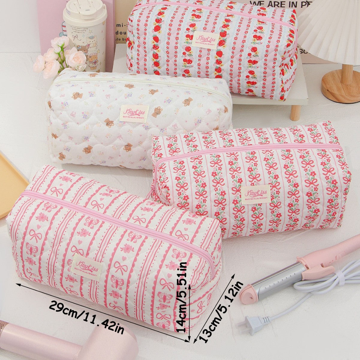 Vertical Stripe Red Strawberry Cotton Cosmetic Bag
