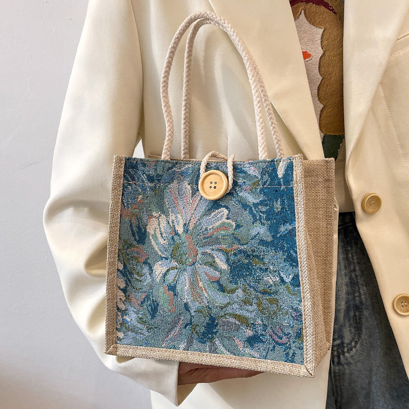 Women Linen Canvas Lunch Bag Handheld