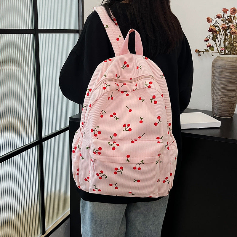 Women Sweet Cherry Corduroy Backpack, Student Travel School Bag
