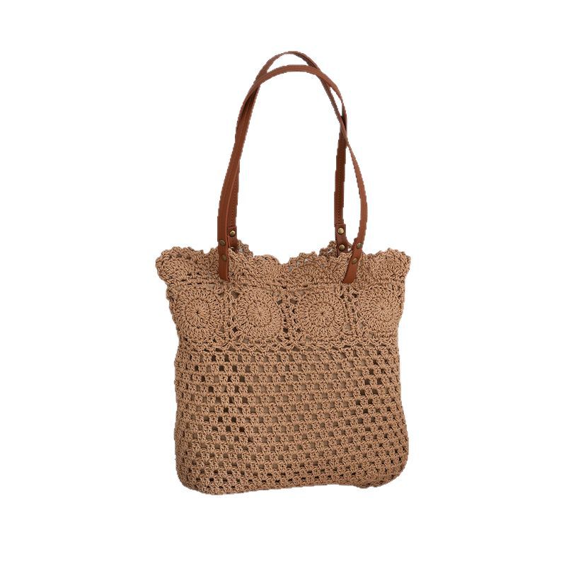 2026 Woven Straw Crochet Hollow Flower Large Capacity Beach Vacation Shoulder Bag