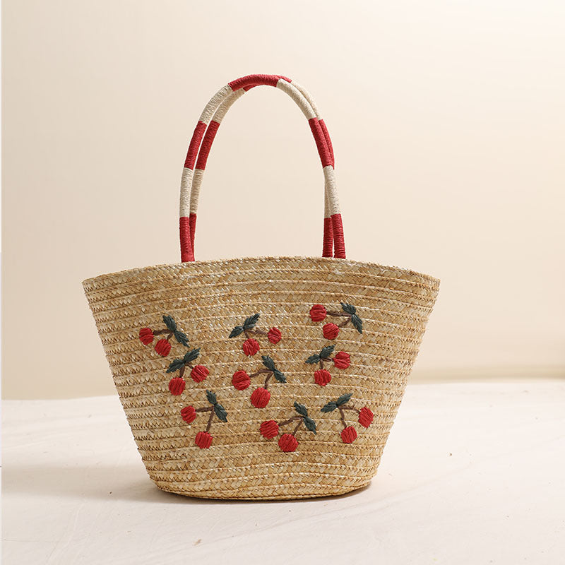 Unique Embroidered Cherry Shoulder Straw New Large Beach Bag
