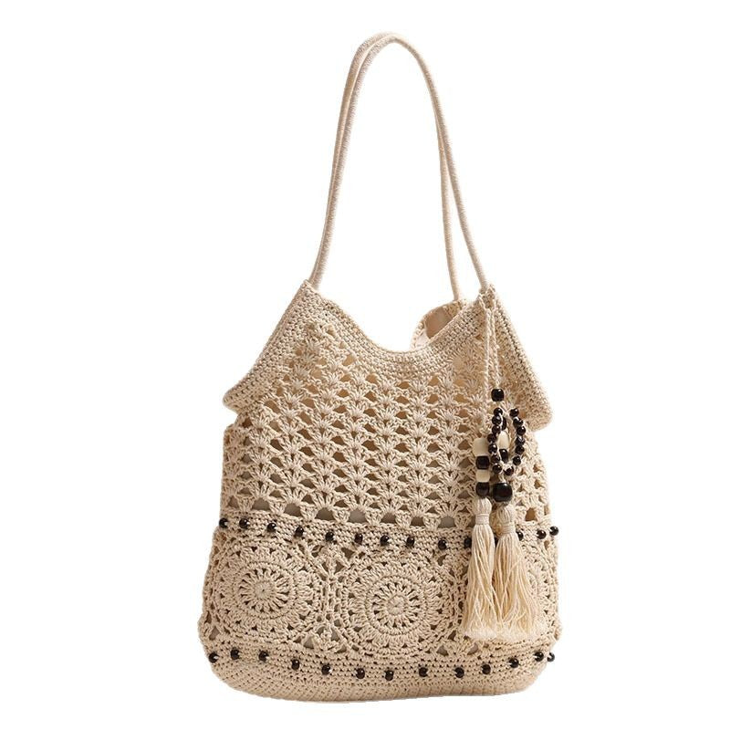 Wooden Beads Tassel Cotton Woven Hollow Straw Beach Bag