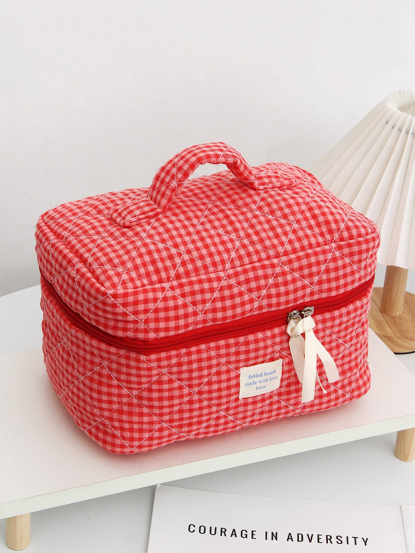 Red Plaid Quilted Large Capacity Cosmetic Bag