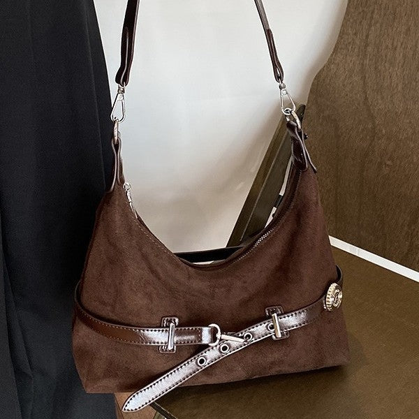 Soft Suede Belted Hobo Shoulder Bag