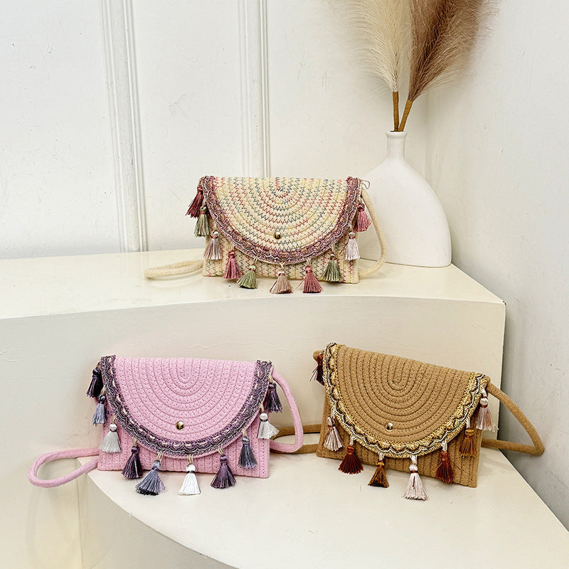 Ethnic Tassel Straw Envelope Crossbody Bag