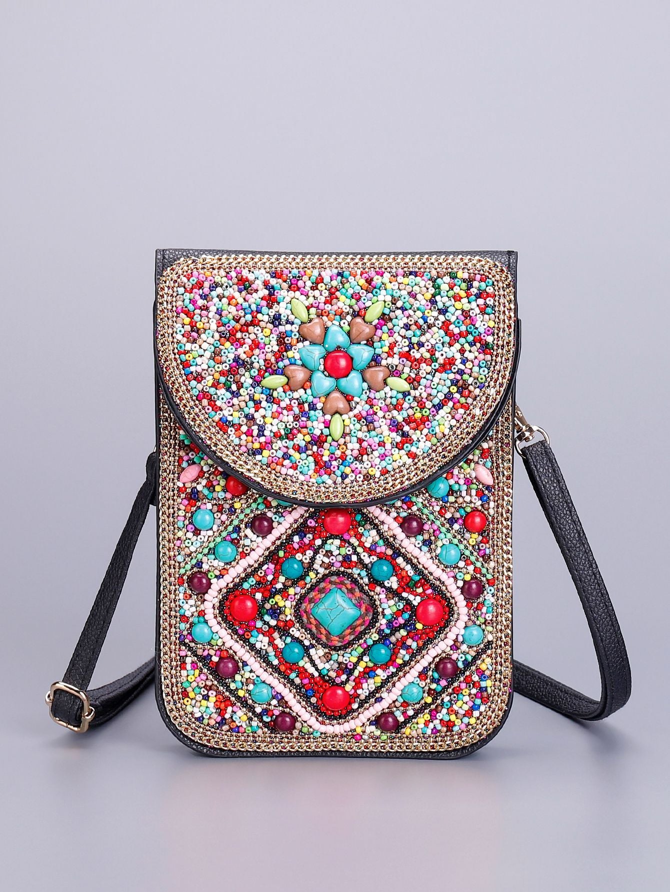 Women Ethnic Style Beaded Crossbody Bag, Handmade Turquoise Red Phone Bag