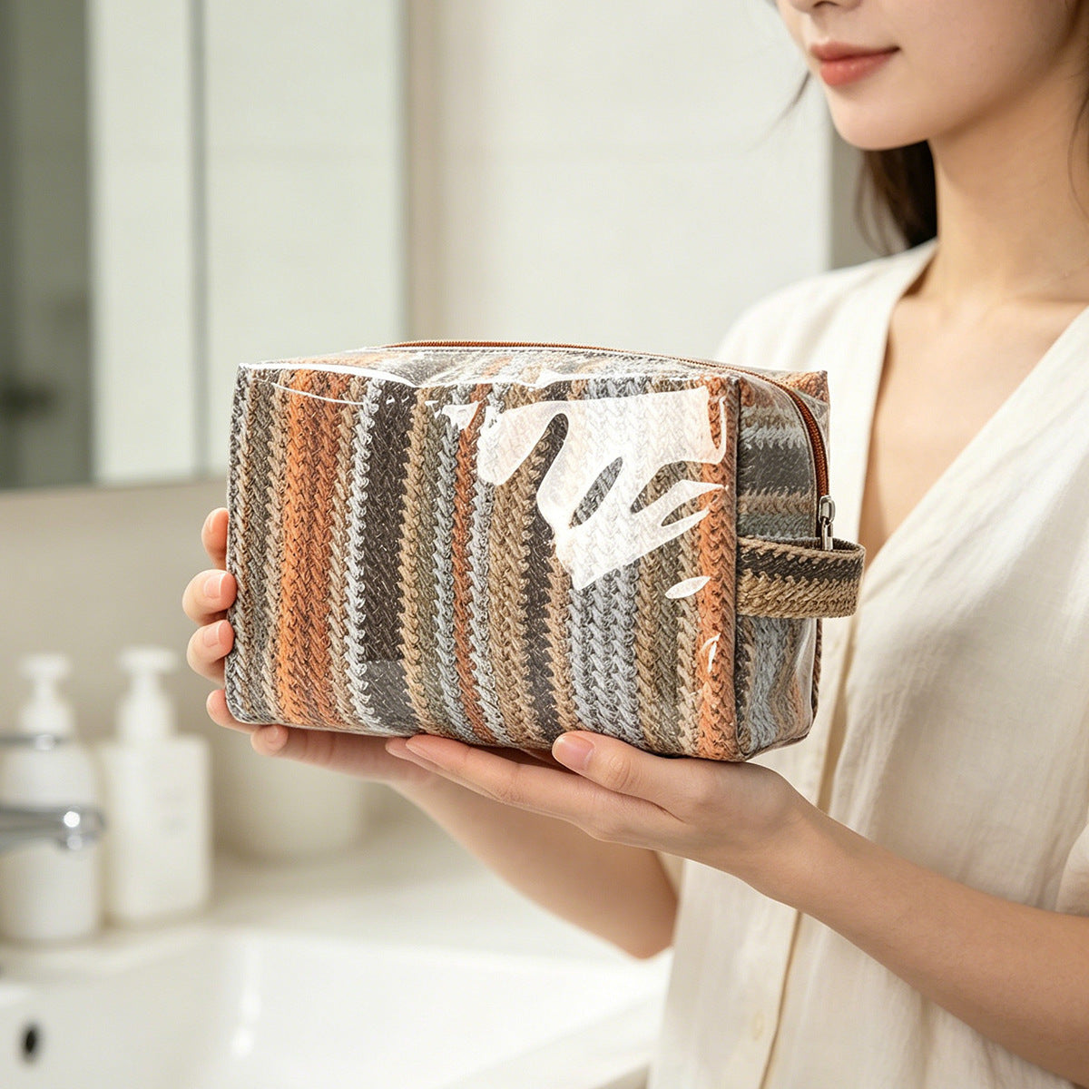 2026 Imitation Straw Waterproof Pvc Cosmetic Bag Large Capacity Cosmetic Storage Bag Wash Bag Bright Fabric Cosmetic Bag
