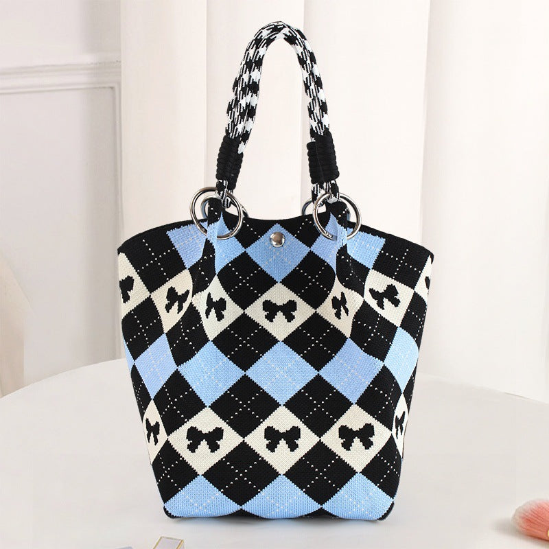 Checkerboard Bow Motif Ring Handle Bucket Tote Bag