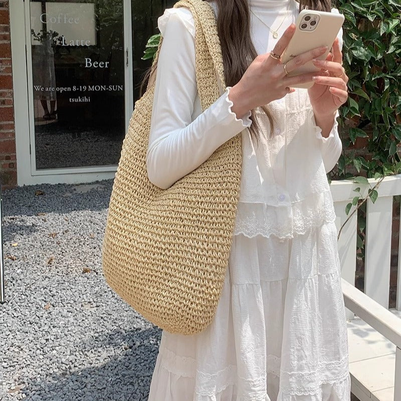 Women Straw Beach Shoulder Hand-Woven Large Capacity Bag