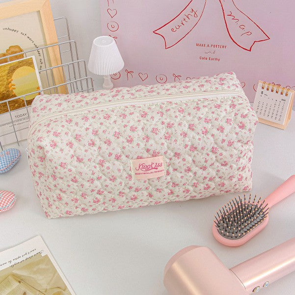 Vertical Stripe Red Strawberry Cotton Cosmetic Bag