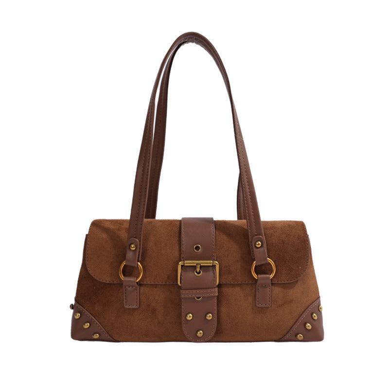 Chic Studded Suede Shoudler Bag with Buckle Detail