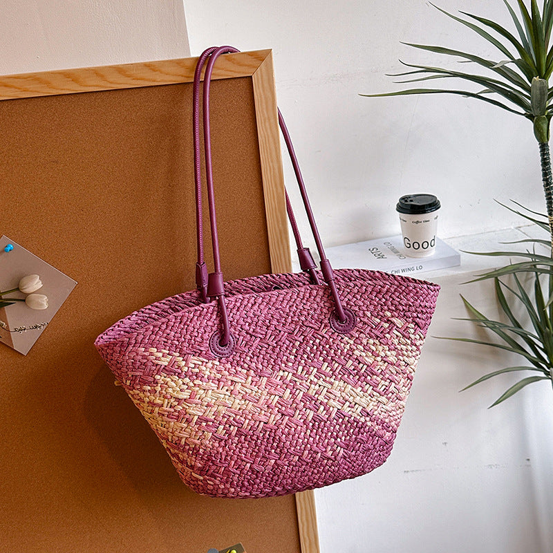 Colorful Large Straw Minimalist Handheld Natural Hollow Woven Beach Bag