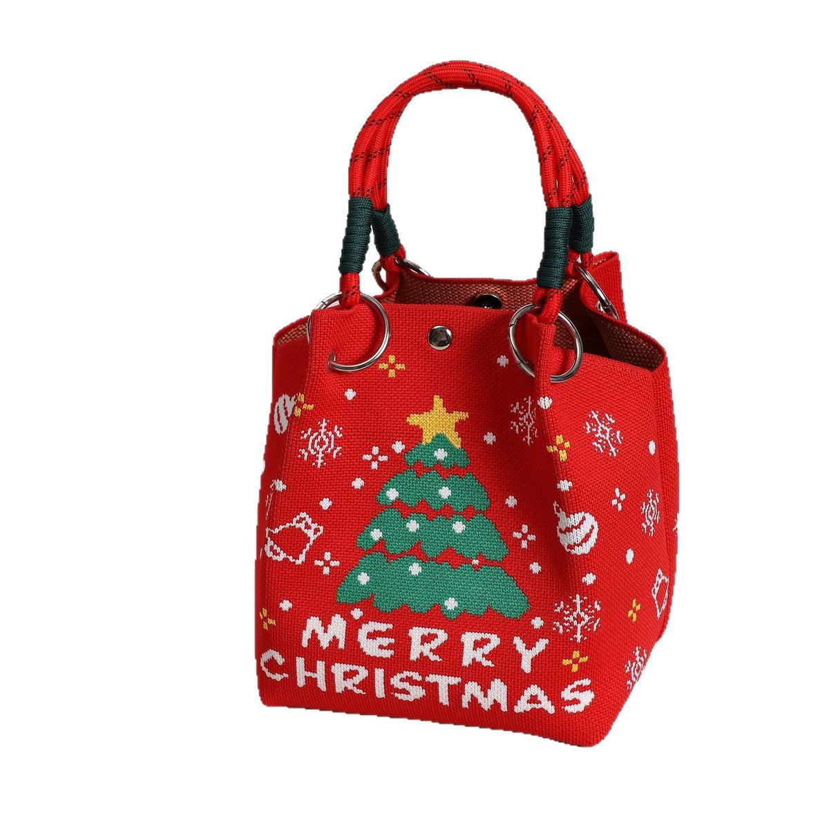 Christmas Knitted Mini Bucket Bag with Rope Handles