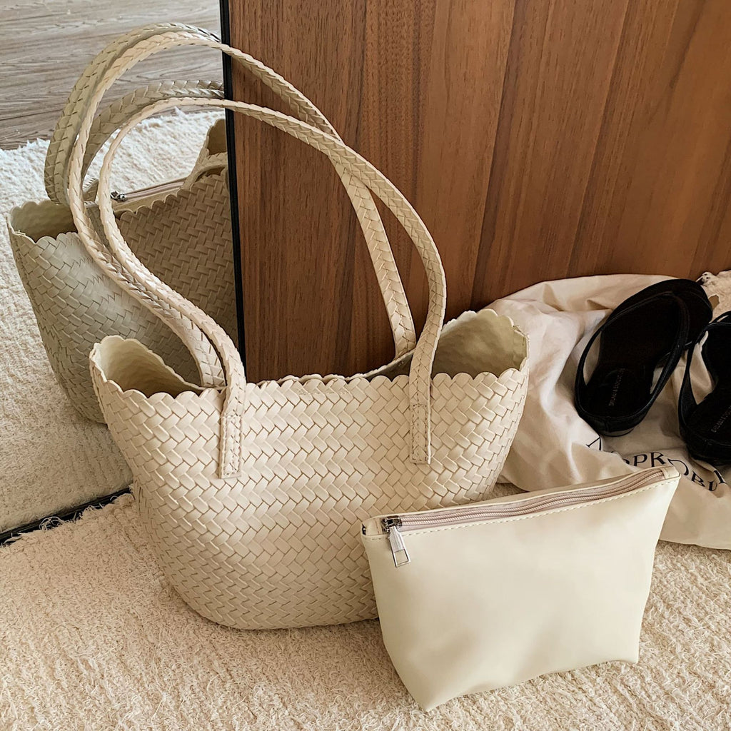 Woven PU Leather Shoulder Tote Bag with Scalloped Edge