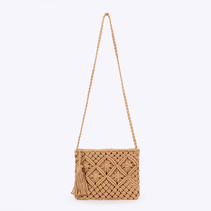 Women Retro Tassel Cotton Rope Woven Crossbody Beach Bag