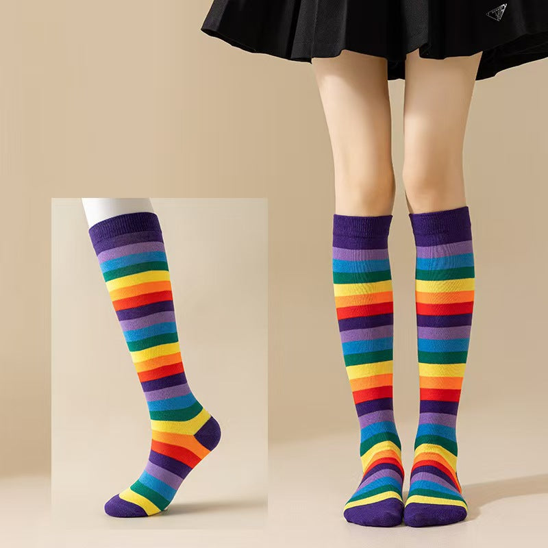 colorful striped cosplay holiday party mid calf rainbow calf socks