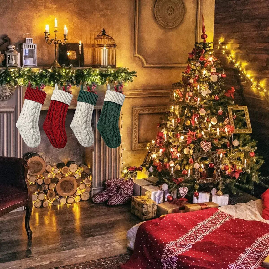 Christmas Classic Diamond Pattern Cable Knit Stockings
