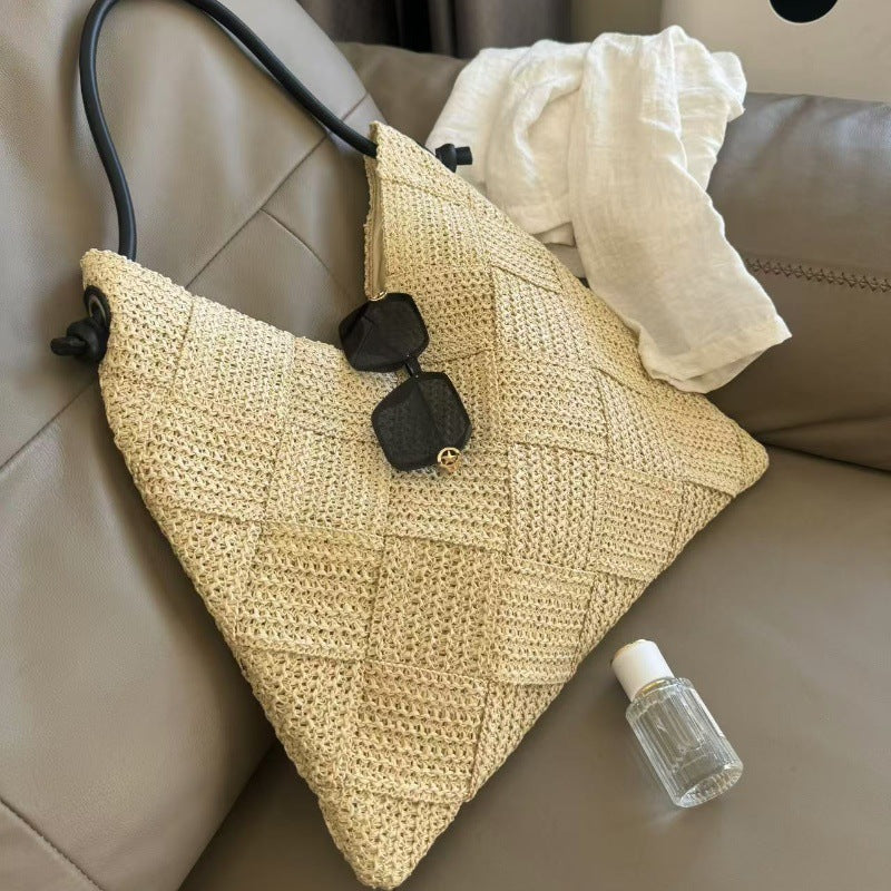 Women Casual Hollow Cotton Woven Shoulder Bag, Portable Straw Beach Vacation Bag