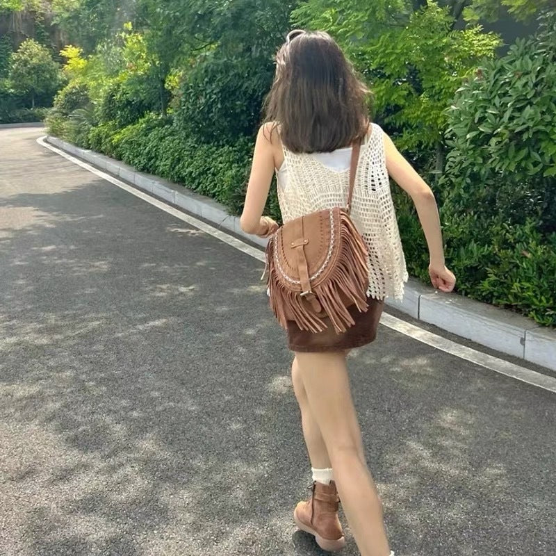 Women's Western Imitation Suede Tassel Retro Saddle Crossbody Bag