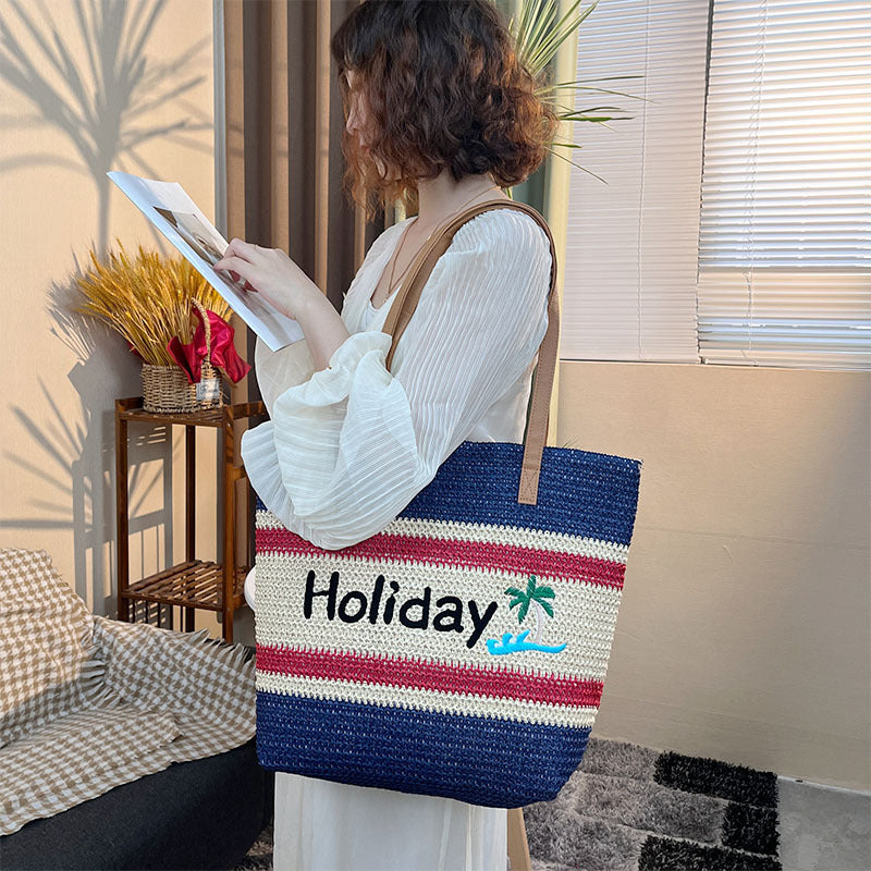Striped Contrast Letter Embroidery Woven Beach Shoulder Bag