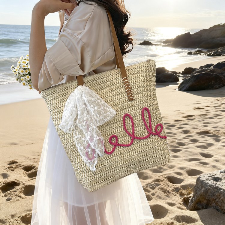 Beach Travel Straw 2026 New Fashion Letter Woven Shoulder Large Bag