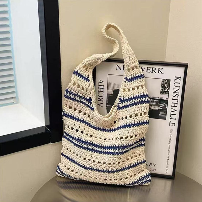 Striped Shoulder Cotton Woven New Large Hollow Straw Beach Bag