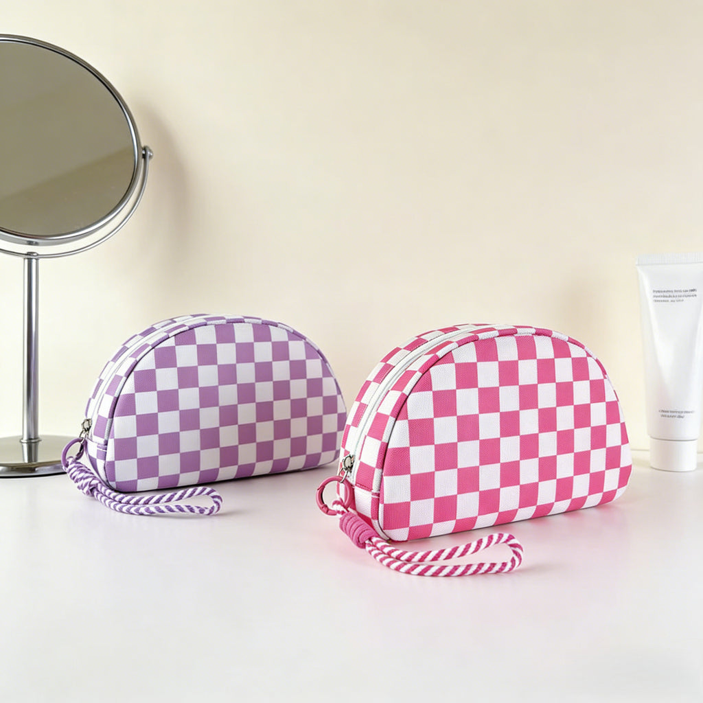 Polyester Checkered Tassel Clutch Waterproof Travel Cosmetic Bag