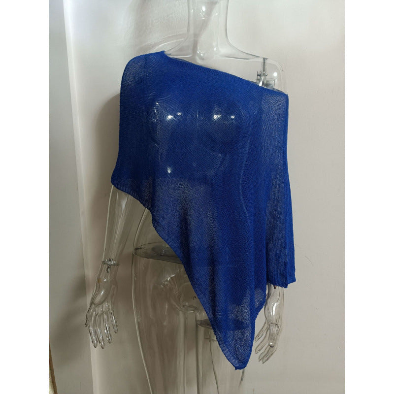 2025 Design Irregular Cape Shawl Sun Protection Shirt Women'S Season Loose Lazy Thin Ice Silk Knitted Sweater Top