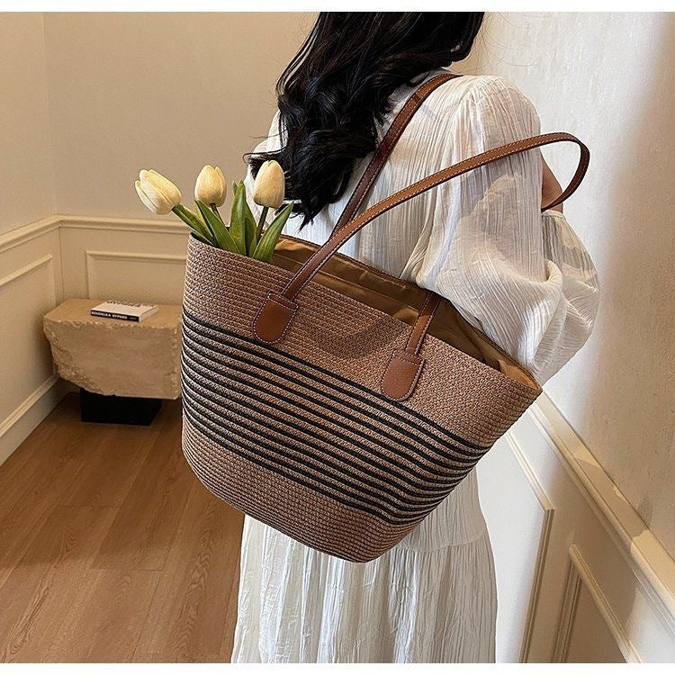 Women Straw Beach Black Stripe 2026 New Casual Summer Shoulder Tote Bag