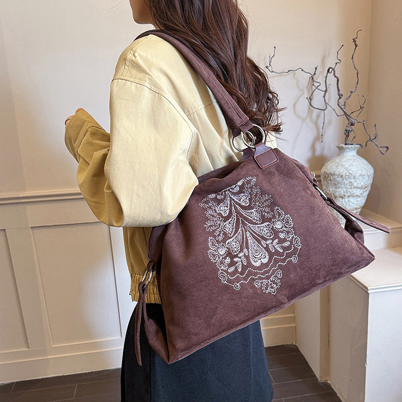 Vintage Embroidered Suede Shoulder Tote Bag