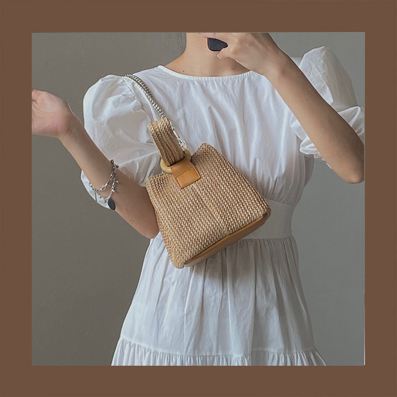 Cute Straw Chain Shoulder Woven Bag for Girls