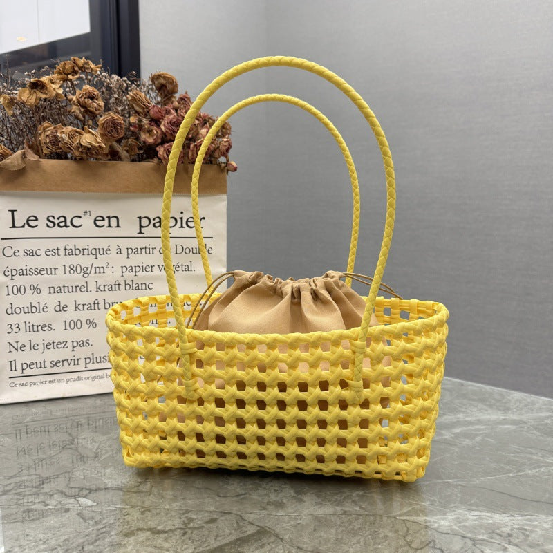 Candy Color Hollow Woven One-Shoulder Beach Bag