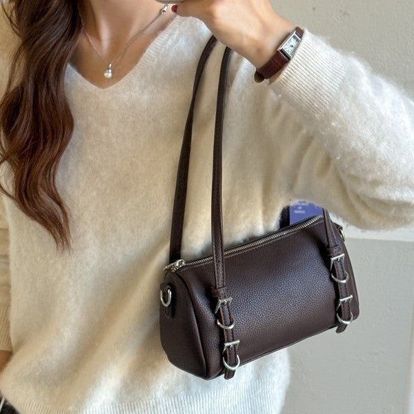 Vintage Barrel Bag with Double Buckle Accents