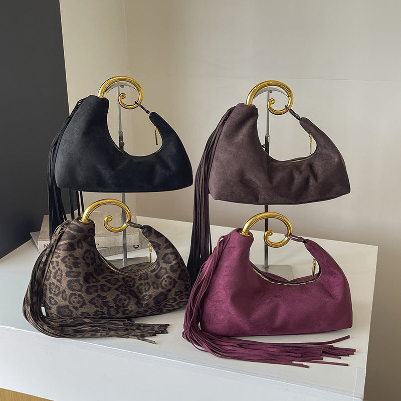 Suede Fringe Handbag with Metal Ring Handle