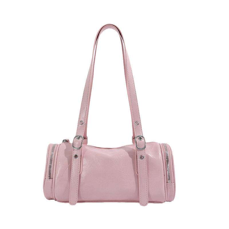 Barrel Shoulder Bag with Sleek Zippers and Buckle Accents