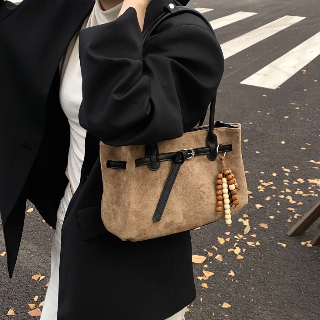 Soft Textured Belted Shoulder Bag with Beaded Charm