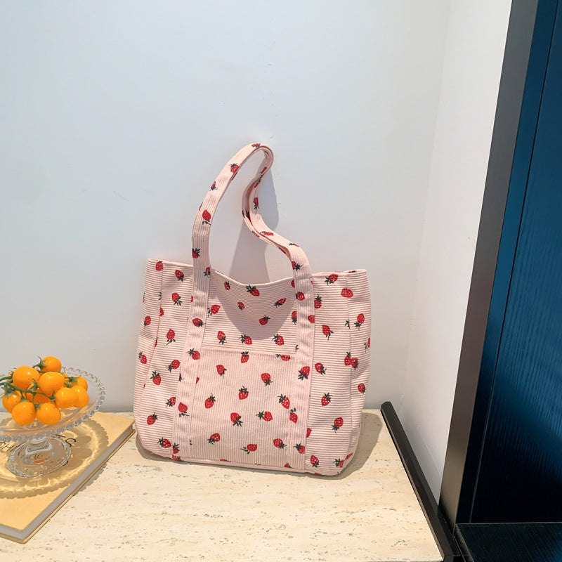 Strawberry Print Corduroy Zip Double Handle Tote Bag