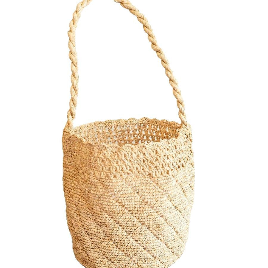 Handwoven Raffia Bucket Natural Straw Shoulder Beach Tote Bag