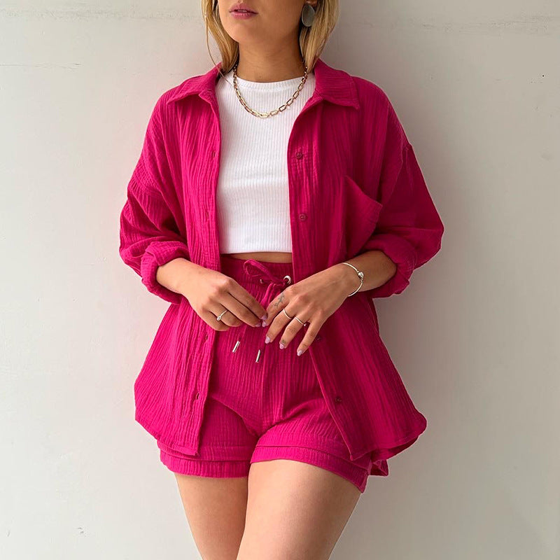 European And American Clothing Two-Piece Set Wrinkled Lapel Long-Sleeved Shirt High-Waisted Drawstring Shorts Large Size Fashion Casual Suit