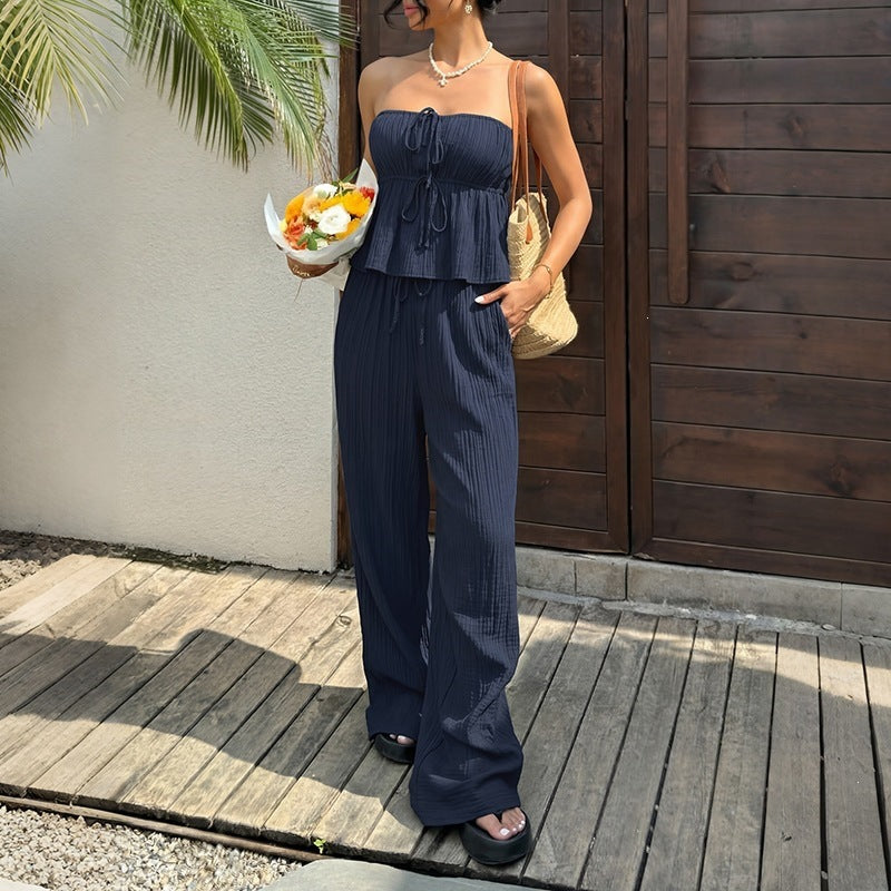 2026 Summer New Casual Solid Strapless Ruffle Tank Top Wide Leg Pants Two Piece Set