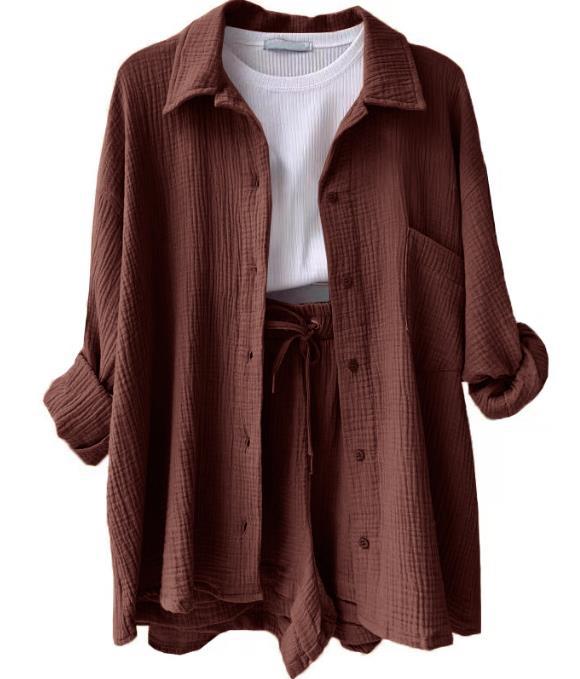 European And American Clothing Two-Piece Set Wrinkled Lapel Long-Sleeved Shirt High-Waisted Drawstring Shorts Large Size Fashion Casual Suit